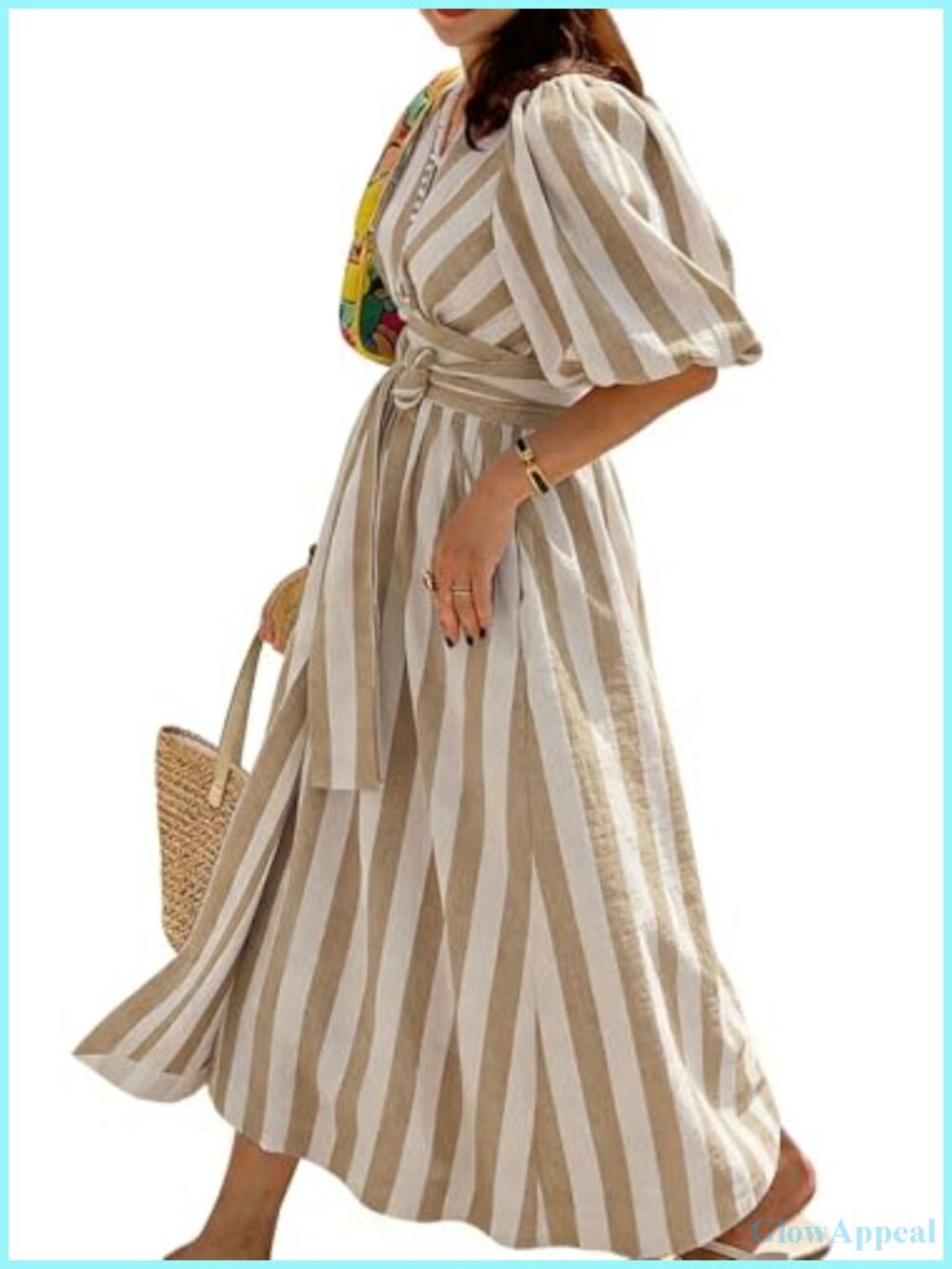 Cotton Linen Striped Puff Sleeve Long Dress with Pockets